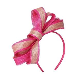New Elegant Sinamay Stripe Fascinator Headband, Pink And Rose, Mesh Bow